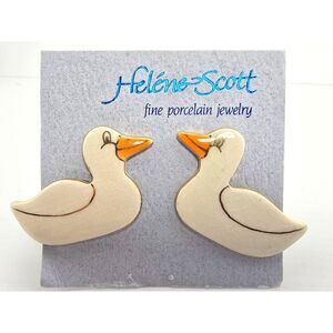 Artisan Fine Porcelain Earrings Artsy Ducks by Helene Scott White Birds on Card